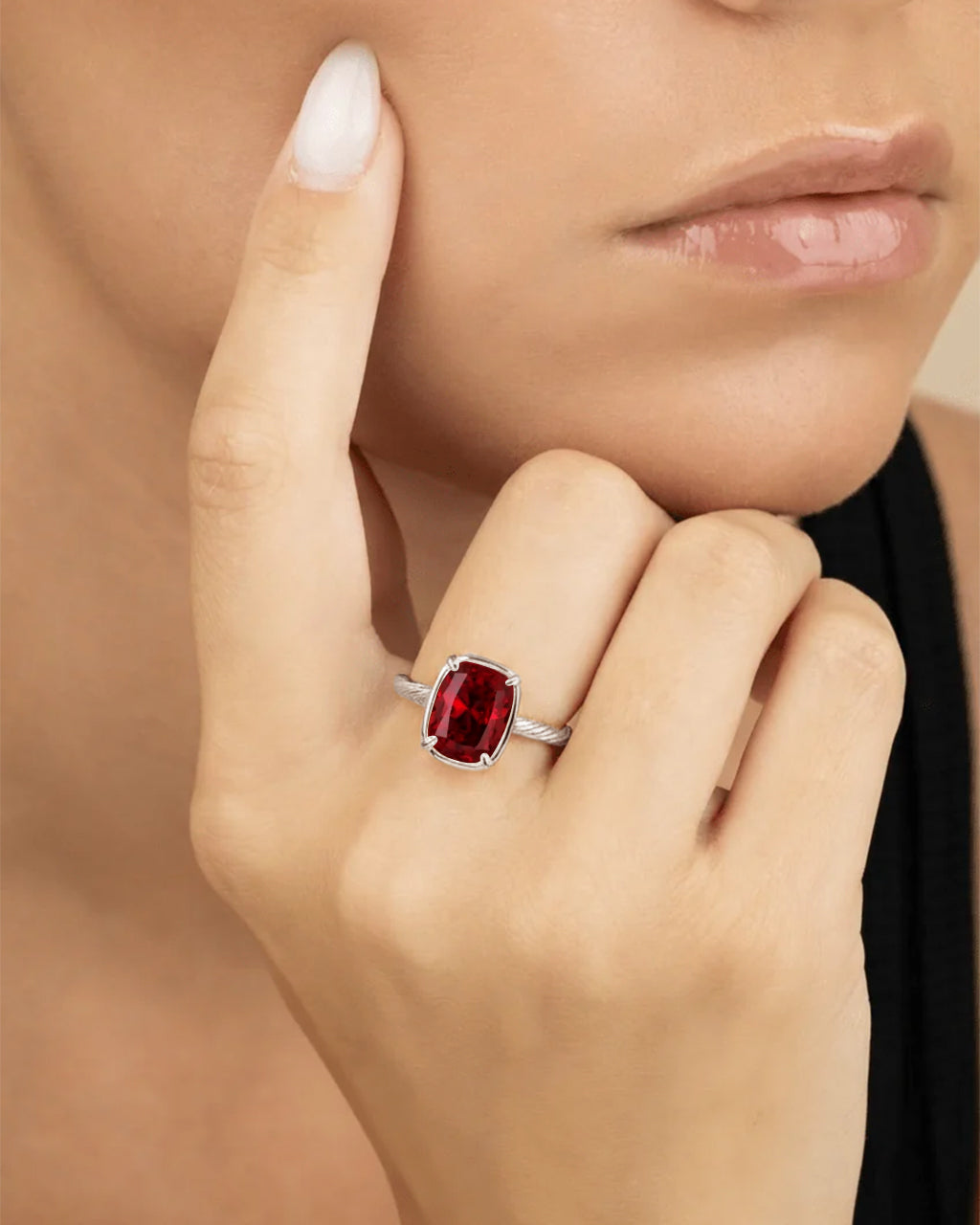 Sterling Silver Mini Garnet Elongated Cushion Ring